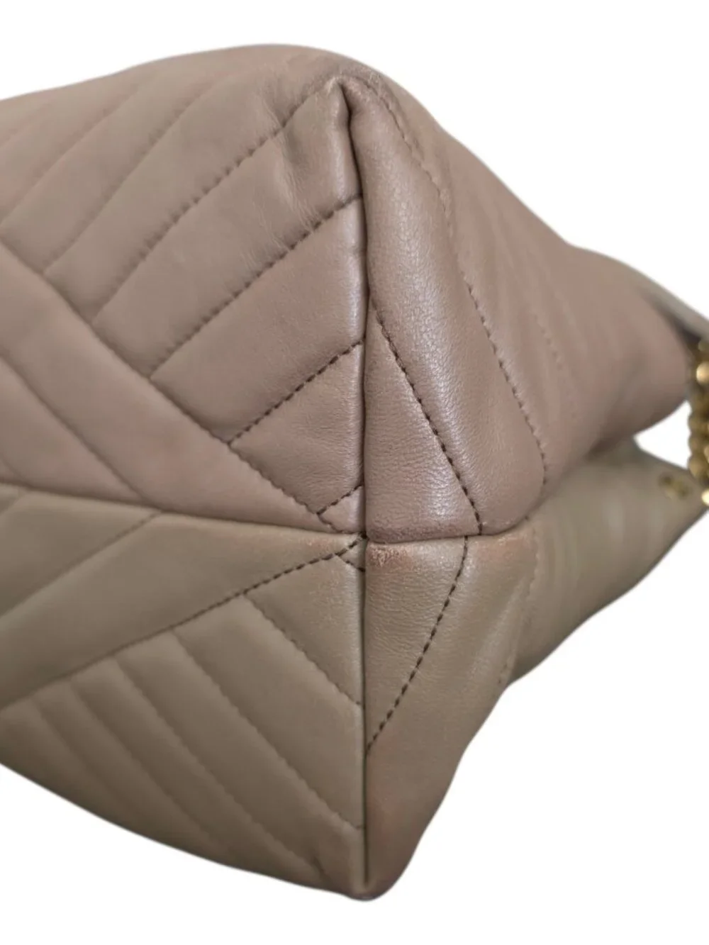 Tory Burch Kira Chevron Tote Bag Taupe Beige Leather Quilted Chain